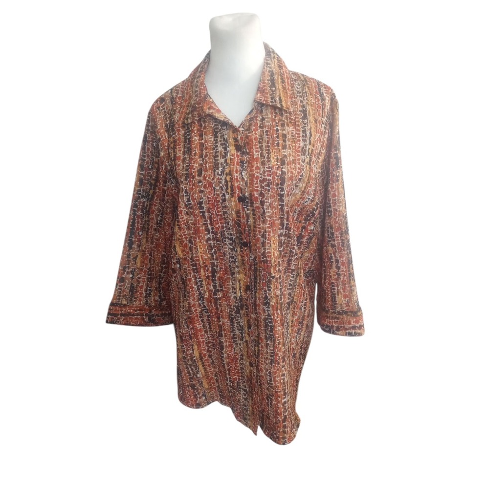 Alia Women's Top Size 16 Orange Brown Mixed Print 3/4 Sleeve Button-Up Textured